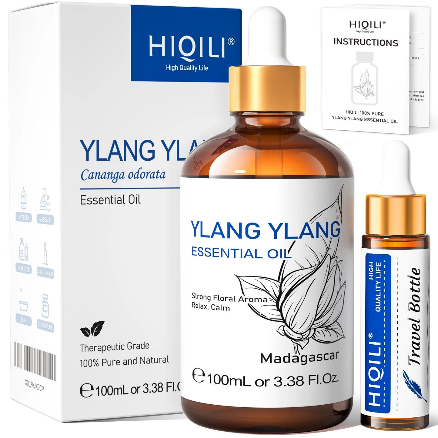 HIQILI Ylang-Ylang Essential Oil 100ML Citronella Geranium 100% Natural Tree Oil for Skin Massage Stress Relief & Aromatherapy