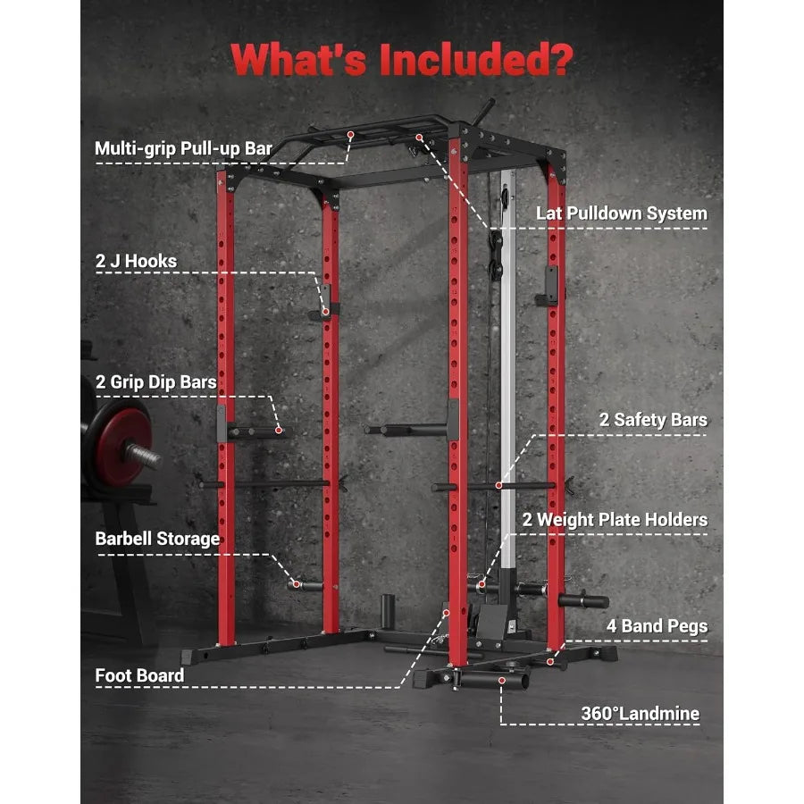 Power Cage Power Racks for Home Gym with Pulley System 1200LBS Weight Capacity MultiFunctional Squat Rack for Strength Workout