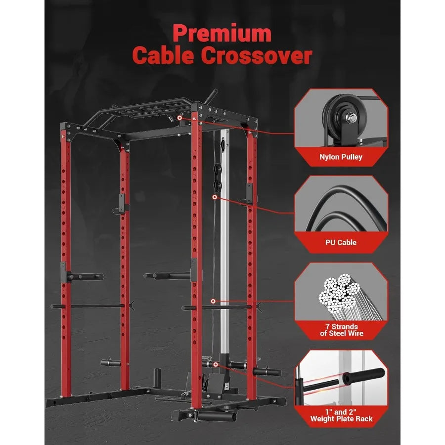 Power Cage Power Racks for Home Gym with Pulley System 1200LBS Weight Capacity MultiFunctional Squat Rack for Strength Workout